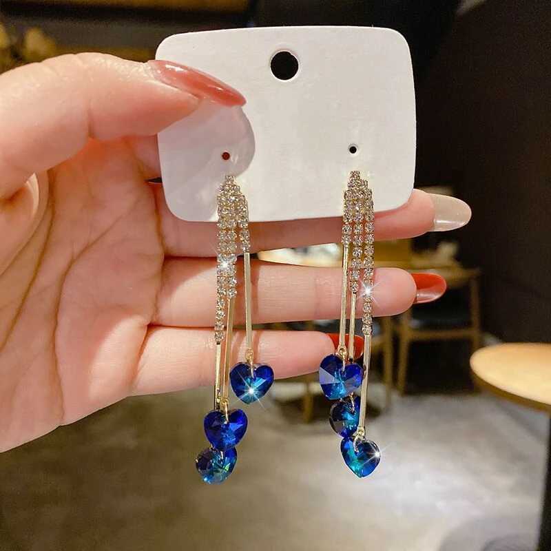 Bengelen kroonluchter luxe blauw kristallen hartvorm kwaste hanger oorbellen voor vrouwen mode geometrische zirconia drop oorbellen ongebruikelijke sieraden