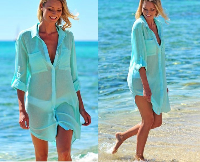 New Crepe Tuch Zwei-Taste-Button-Down Beach Smock Bikini Coat Hemd Badeanzug Sonnenschutz Kleidung Strickjacke Mantel FTU