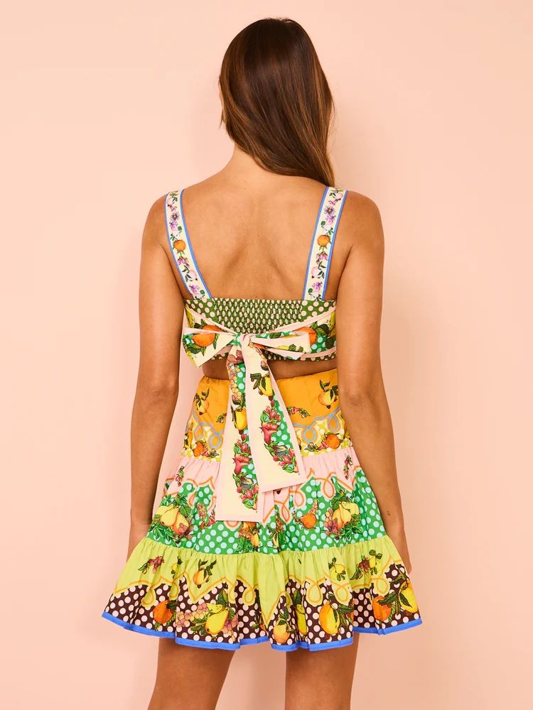2024 Summer New Fashion Beer Pear Fruit Print Sling Dress Sexy Back Hollow Bow Tie Mini Dress Women's Sexy Vacation Beach Skirt