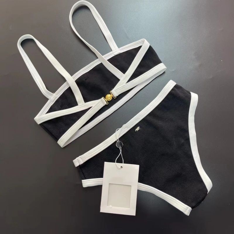 Femmes Designer Sexy Logo Appliqué Spaghetti Strap Split 2 pièces Swimsuit Bikini Color Block Maillots de bain SMLXL