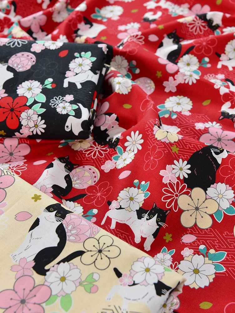 Ткань кошачья вишневая вишня чистая хлопчатобумажная ткань ручной работы ручной одежды красный японский стиль для шитья наполовину D240503