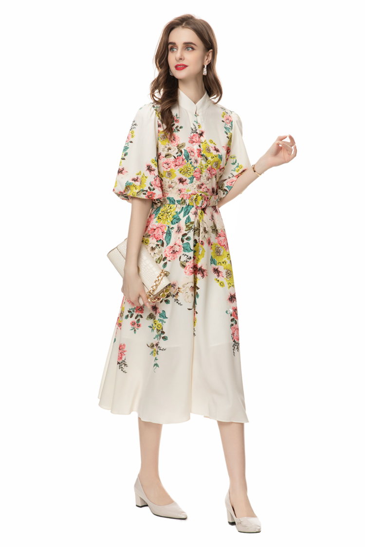 Women's Runway Dresses Stand Collar Half Sleeves Floral Printed Casual Vestidos with Belt