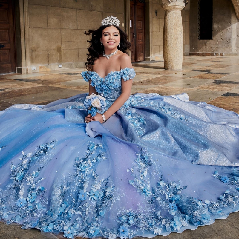 Sky Blue Quinceanera Dress Off the Rame Lace Applique Cears
