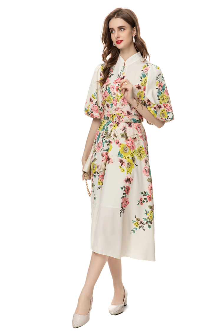 Women's Runway Dresses Stand Collar Half Sleeves Floral Printed Casual Vestidos with Belt