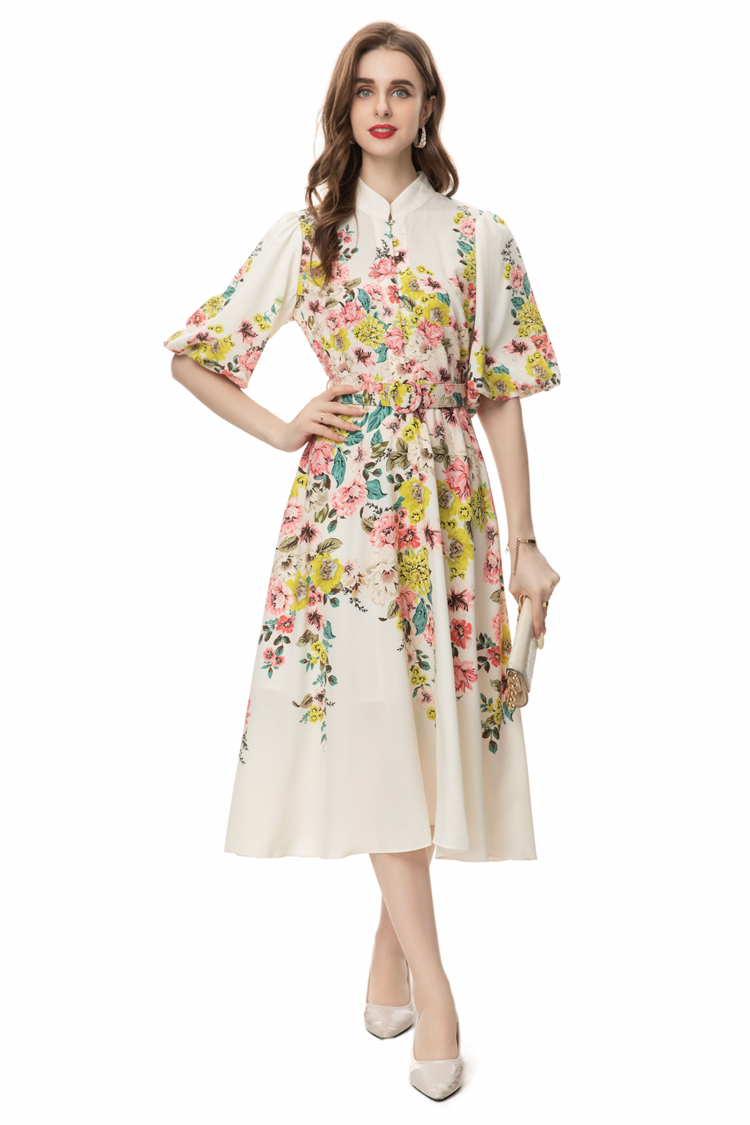 Women's Runway Dresses Stand Collar Half Sleeves Floral Printed Casual Vestidos with Belt