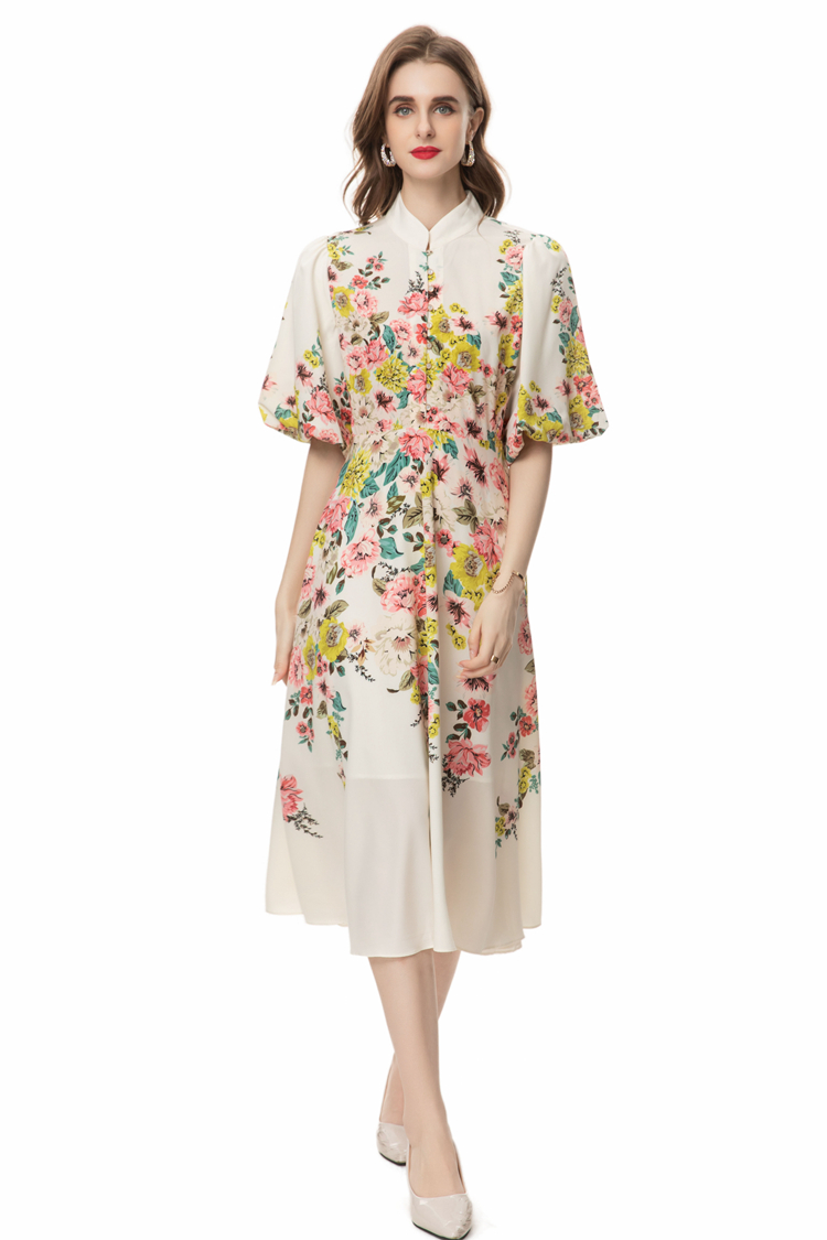 Women's Runway Dresses Stand Collar Half Sleeves Floral Printed Casual Vestidos with Belt