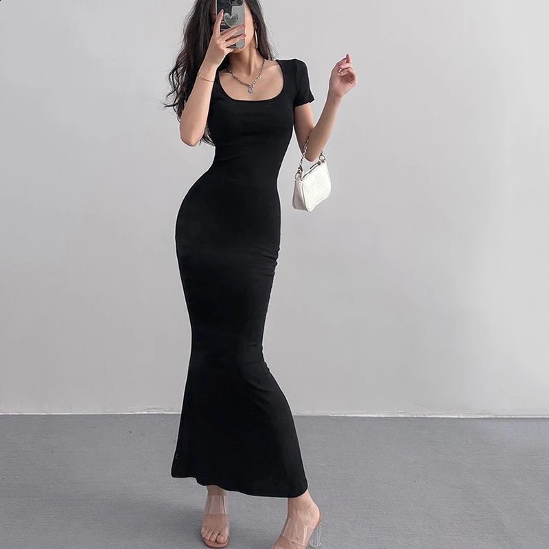 Summer Solid Color Slim Dress Long Women Women Short Skinny Bodycon Maxi Dresses Woman Square Collar Party Vestidos Mujer 240425