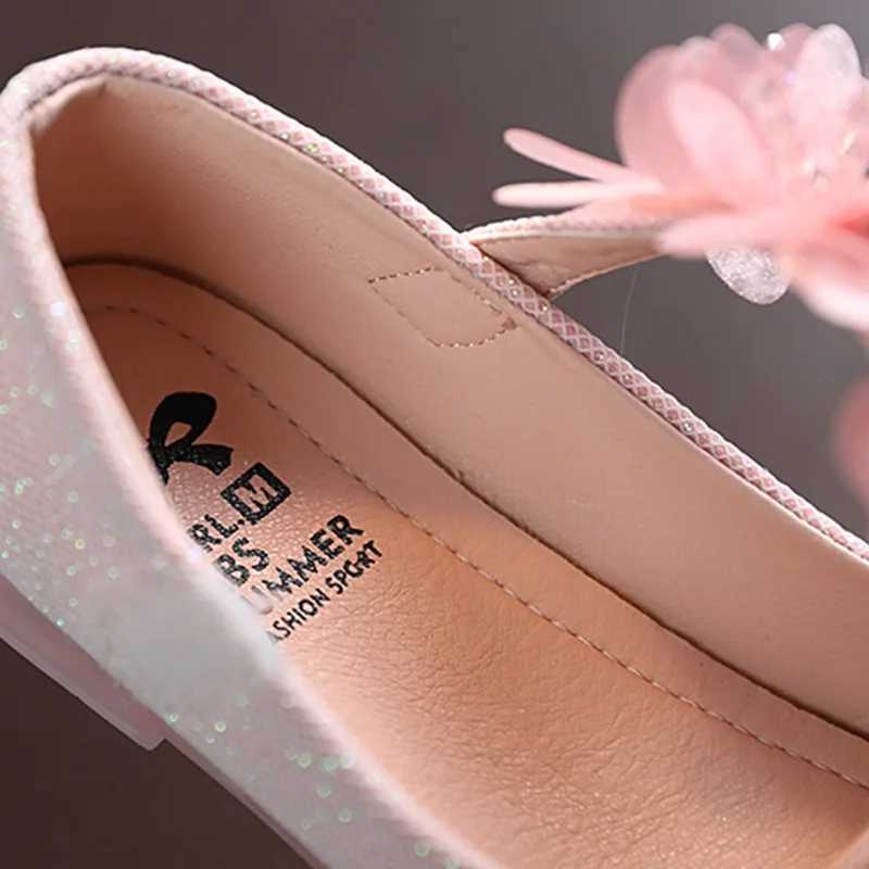 Platte schoenen Kinderen Lederen meisjes Schoenen Shining Flowers Princess voor baby feest bruiloft Kinderen Flats Lente zomerjurk H240504