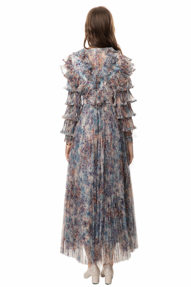Kadın pist elbiseleri o boyun uzun kollu baskılı katmanlı fırfırlar pilili çiçek moda maxi vestidos