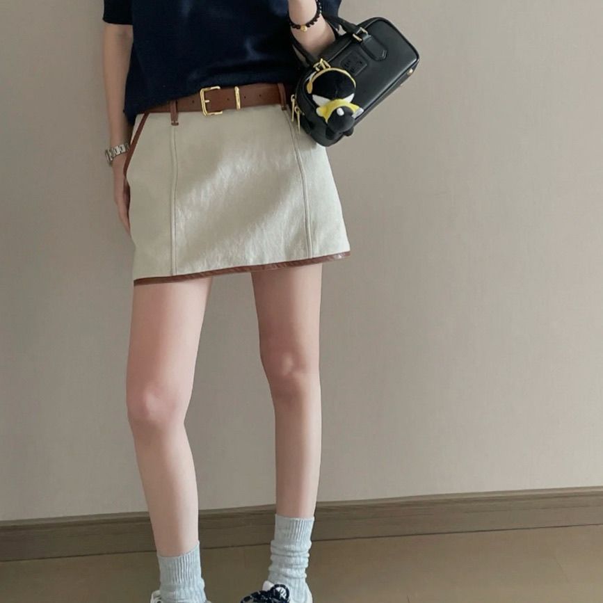 Women color block letter embroidery PU leather belt sashes short skirt SML