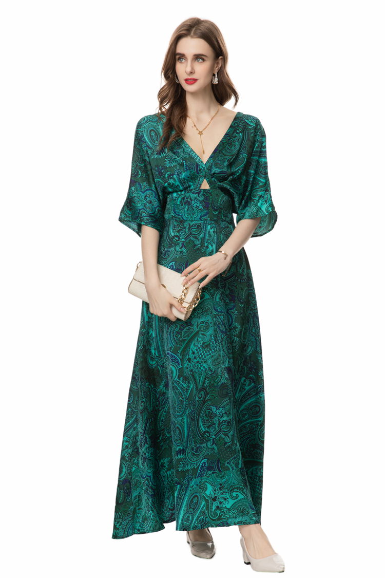 Women's Runway Dresses V Neck Batwing Sleeves Printed Sexy Keyhole Floral Fashion Maxi Vestidos