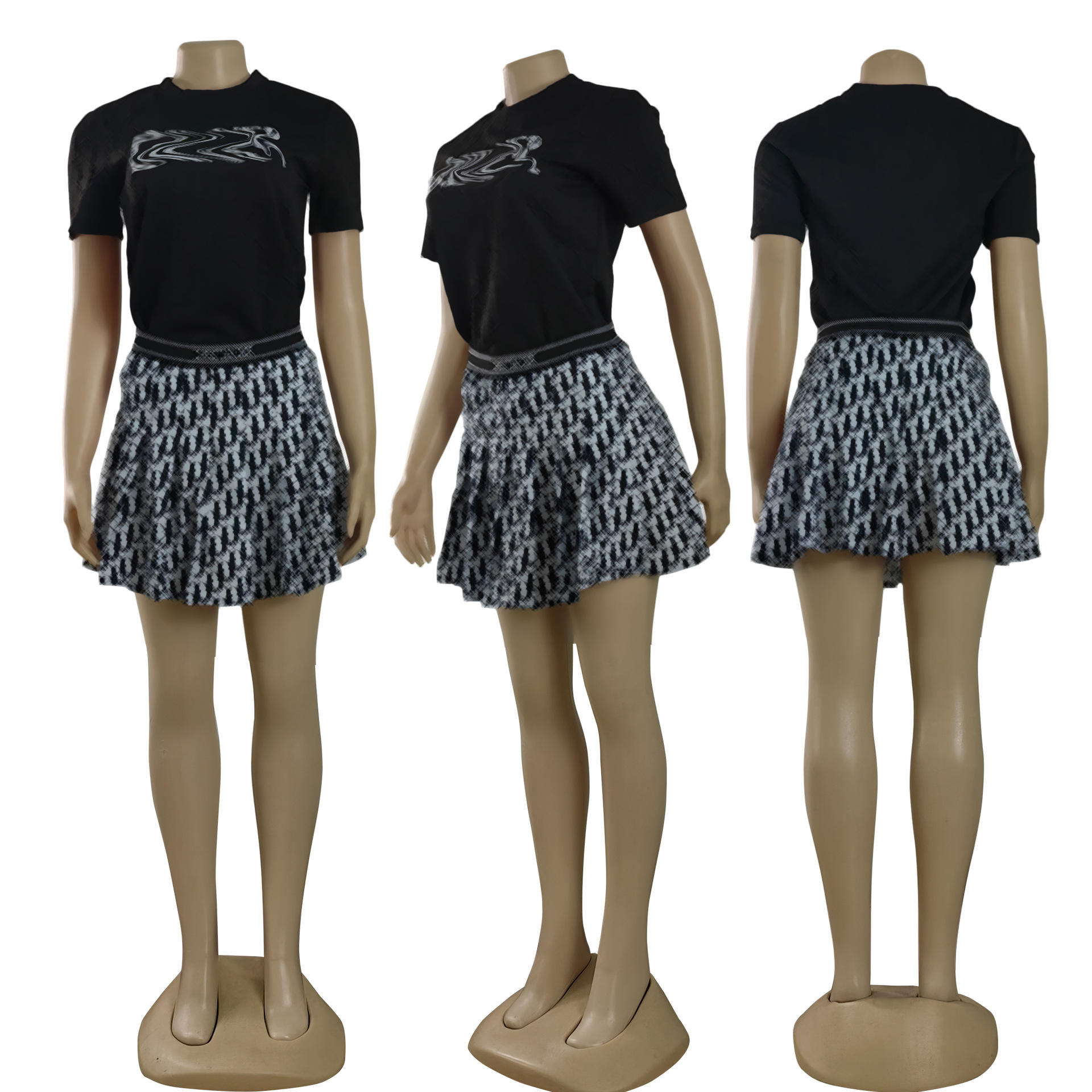 Two Piece Dress Outfits Women Casual Short Sleeve T-shirt and Mini Skirt Sets Free Ship