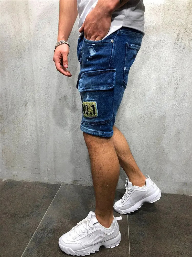 Mens bo casual shorts de jeans com capa estilo pocket street de tamanho médio jeans cargo anti-vedito para homens 240429