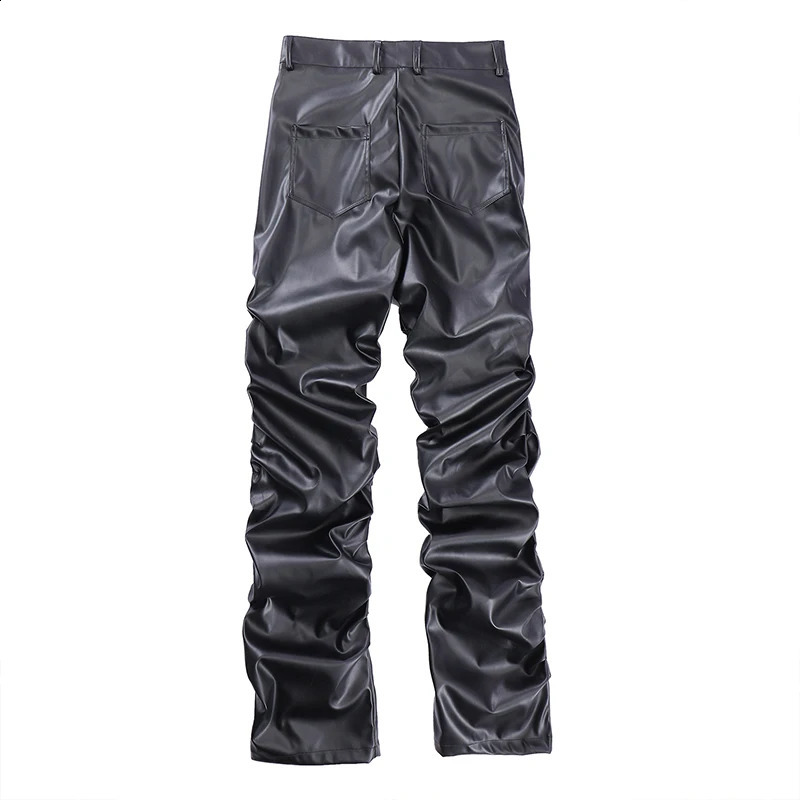 Hip Hop Mens geplooid Pu lederen broek Harajuku retro streetwear losse ruches Casual broek rechte solide kleur zwart 240419