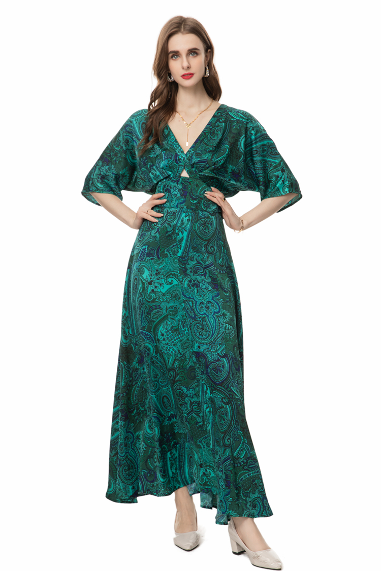 Women's Runway Dresses V Neck Batwing Sleeves Printed Sexy Keyhole Floral Fashion Maxi Vestidos