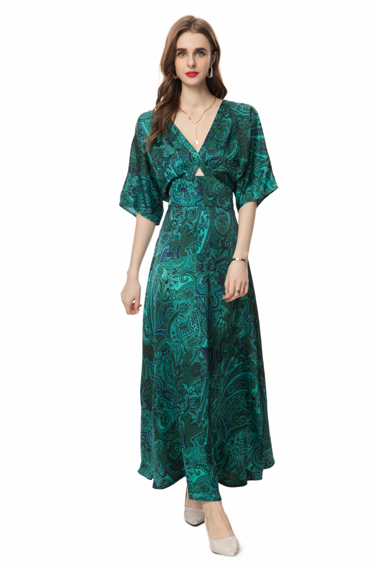 Women's Runway Dresses V Neck Batwing Sleeves Printed Sexy Keyhole Floral Fashion Maxi Vestidos