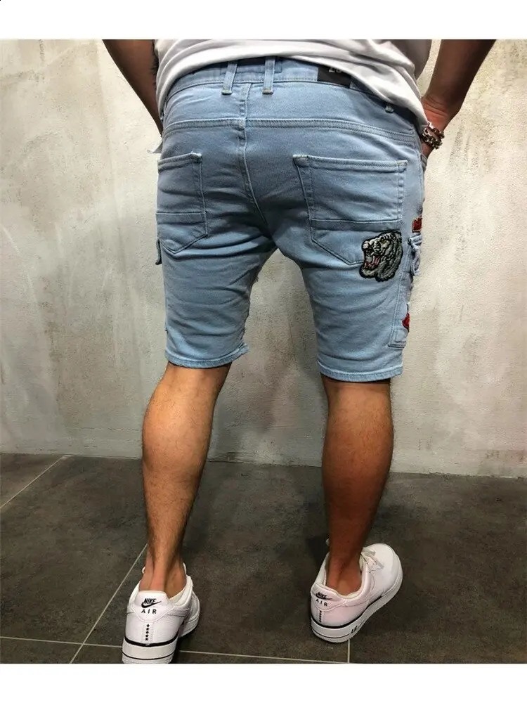 Mens bo casual shorts de jeans com capa estilo pocket street de tamanho médio jeans cargo anti-vedito para homens 240429