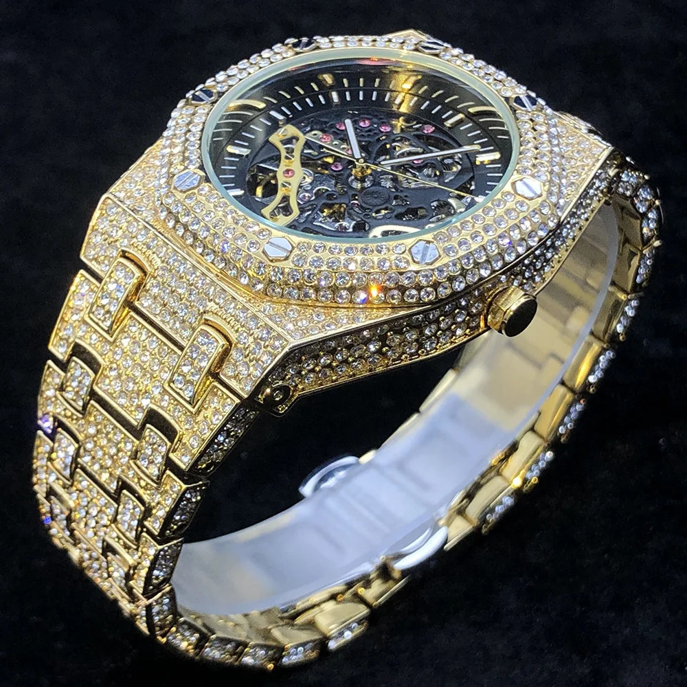 Drop Luxury Diamond Watch für Männer 18K Gold Ice Out Automatic Uhr