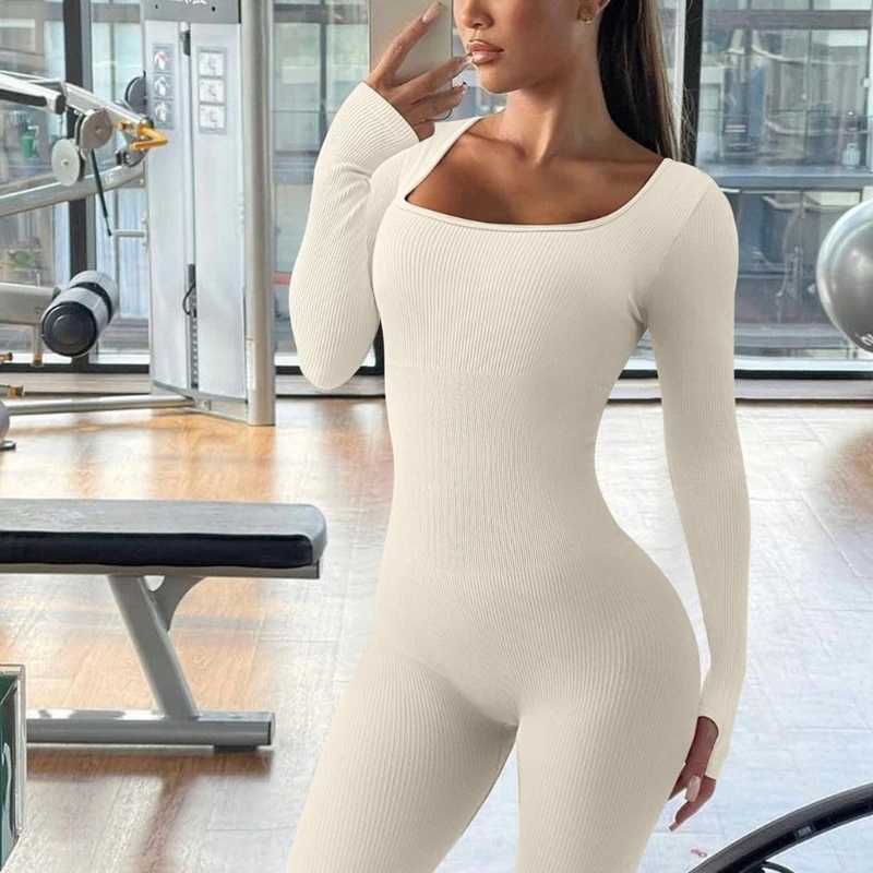 Waist Tummy Shaper Guudia Padded Cup jumpsuit with thumbhole ribs womens long sleeved square neck sexy tight fitting jumpsuit set Q240430