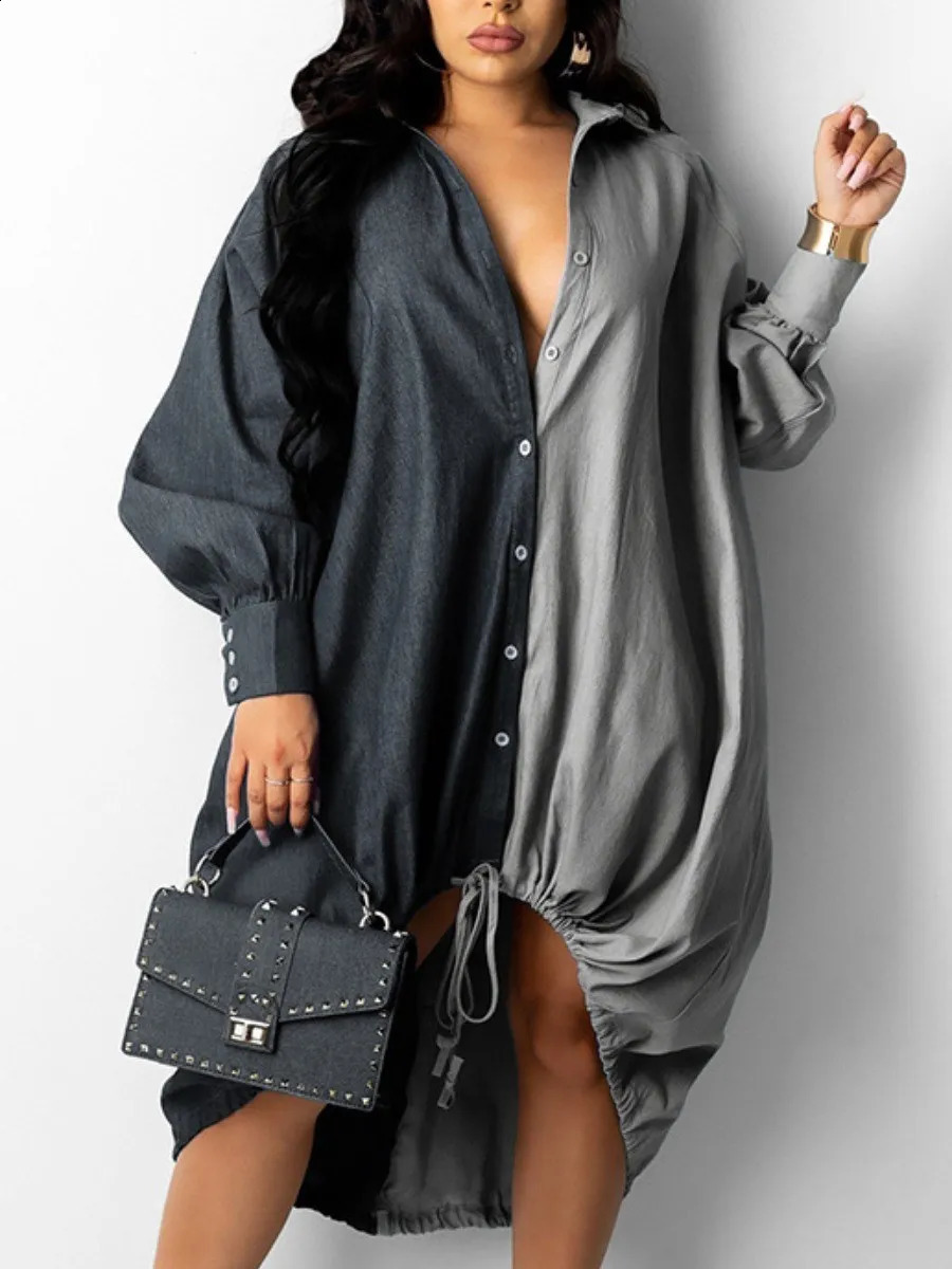 LW Plus Size Dresses DrawString Patchwork Shirt Dress mode Drop Shoulder Long Sleeve Collar Women Streetwears Vestido Y240425