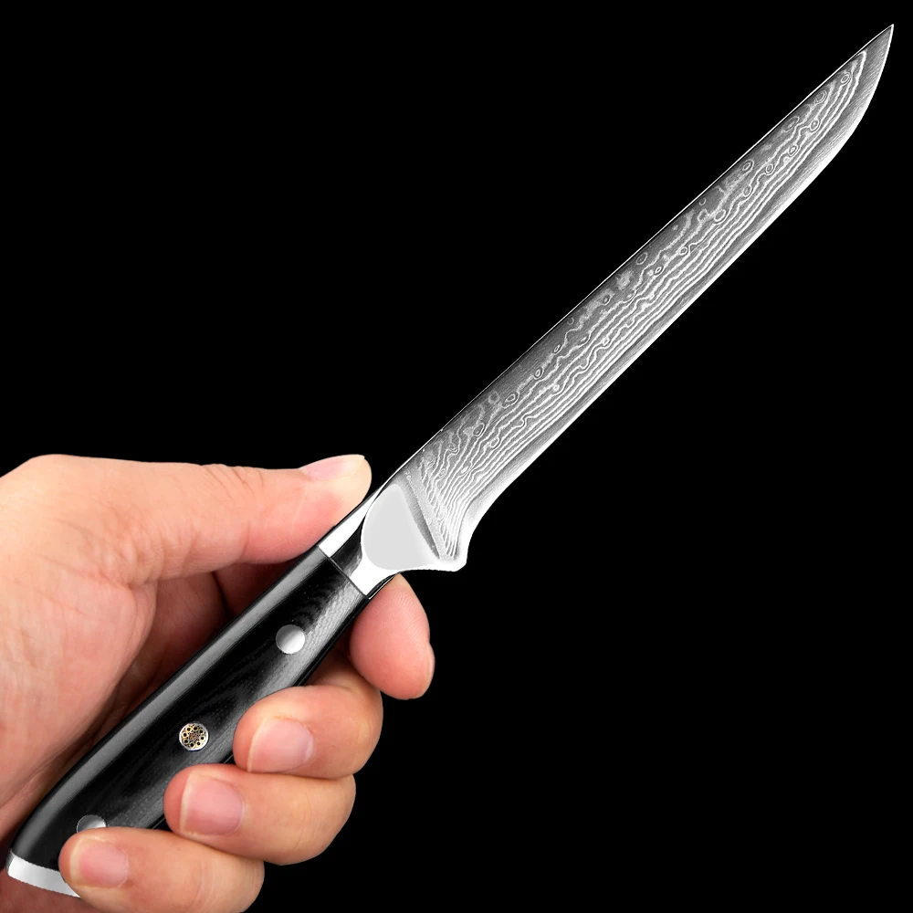 سكين مفعم بالحيوية 6 بوصة اليابانية دامشق الصلب شفرة حلاقة السمك الحادة فيليه سكين المطبخ سكين ديبونر الكامل تانغ G10 مقبض