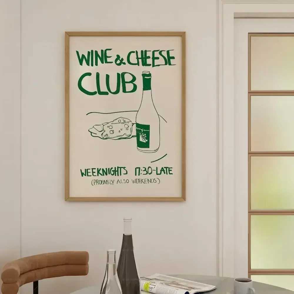 Papiers Mid Century Wine and Cheese Club Poster Printing Photos Retro Food Quoture Mur Art Canvas Modern Kitchen Home Decoration J240510