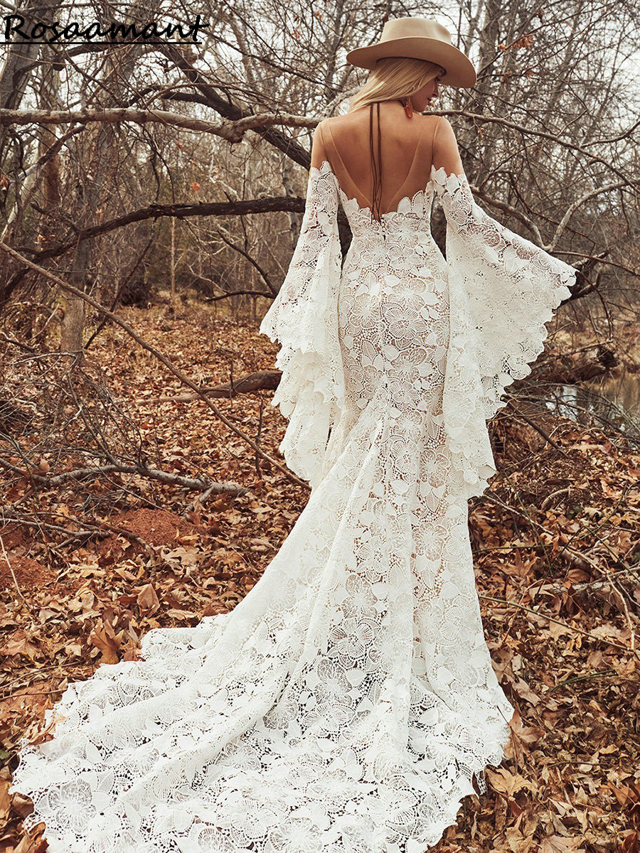 Bohemian Illusion Open Back Lace Mermaid Wedding Dresses Long Flare Sleeve Appliques Bridal Gowns