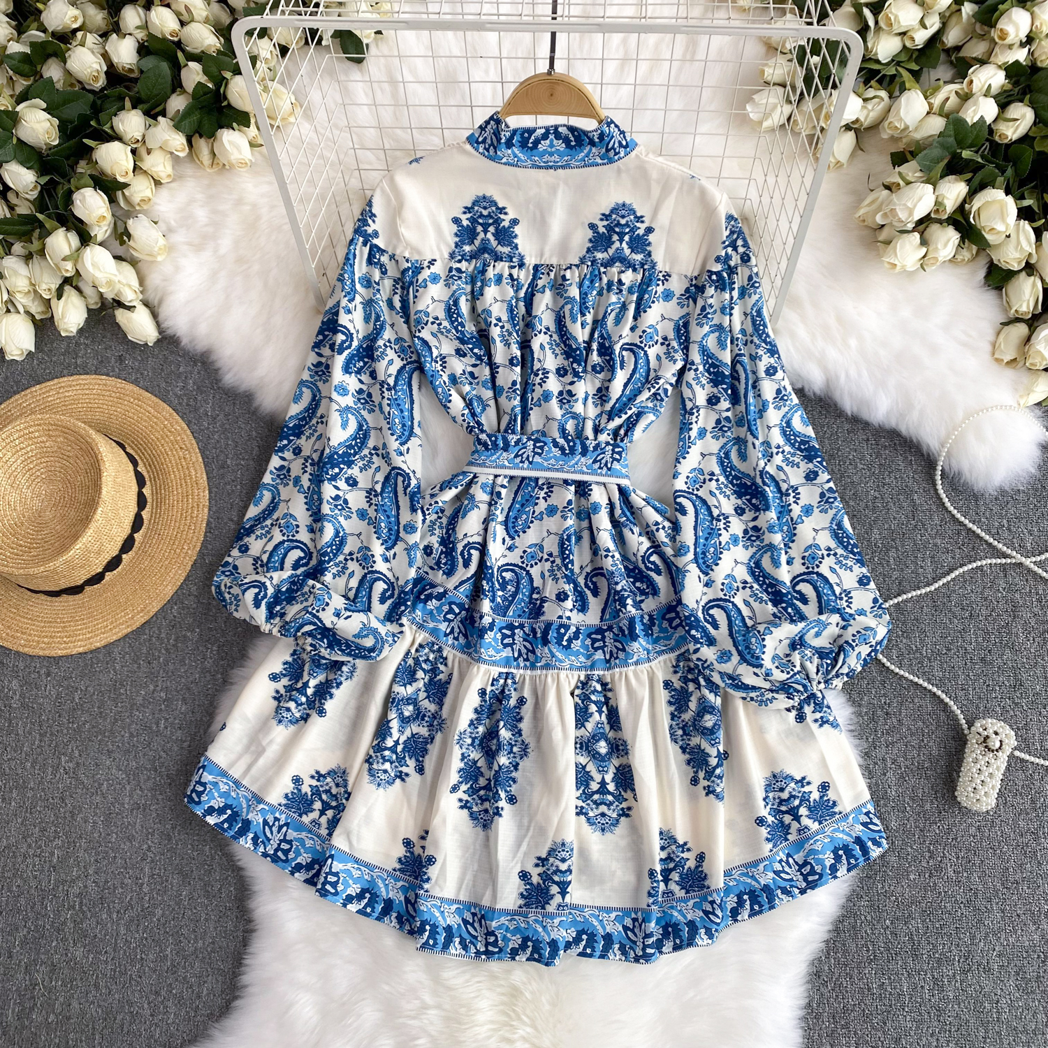 Nya avslappnade klänningar sommar vår sommar vintage paisley kort klänning kvinnor står krage lång lykta ärm enstaka breasted sashes lösa mini vestidos 2024