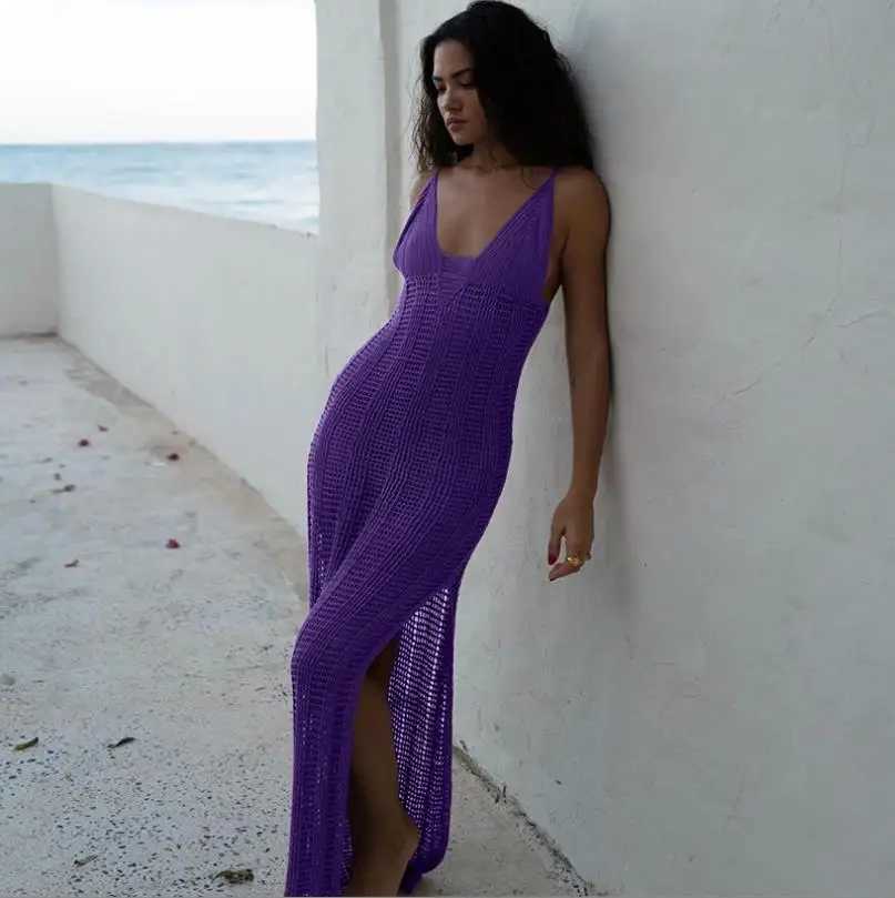 Basis Casual jurken Yiiciovy Women V-Neck Bikini Cover-Up Dress Gebreide Hollow S-Through Swimsuit Cover-Up Hoge Taille Sexy Crochet Beach-jurken T240505
