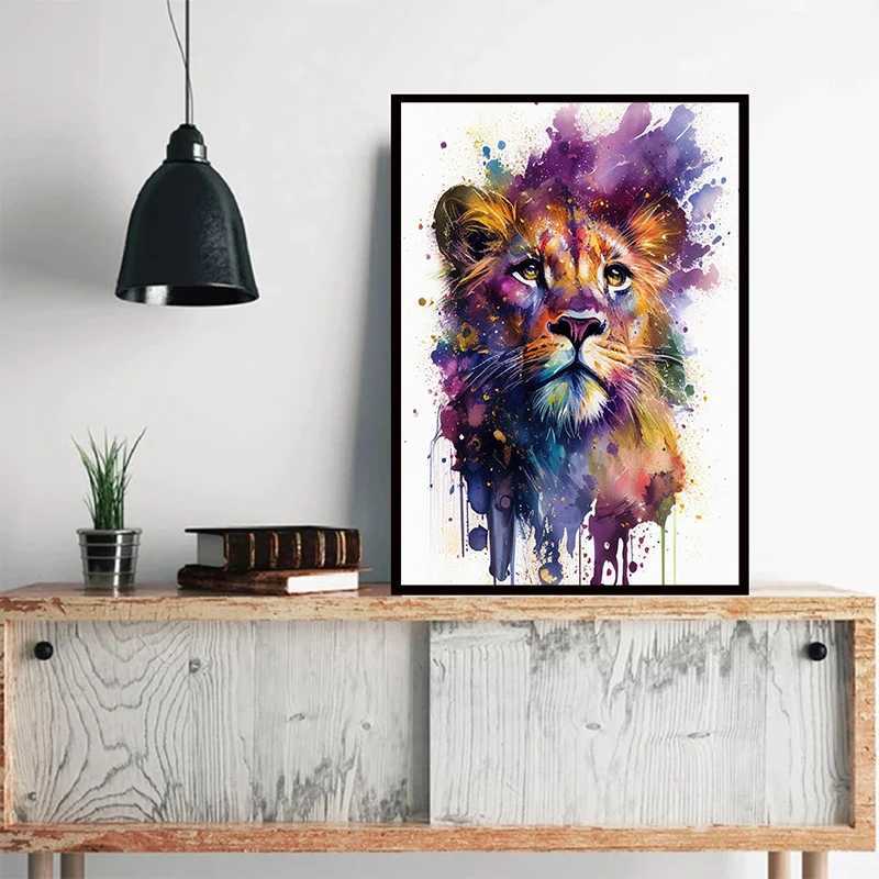 Tapeten farbenfrohe Tiermalerei Poster Aquarell Katze Löwe Tiger Pferd Canvas Tapete Wohnzimmer moderne Heimdekoration J240505