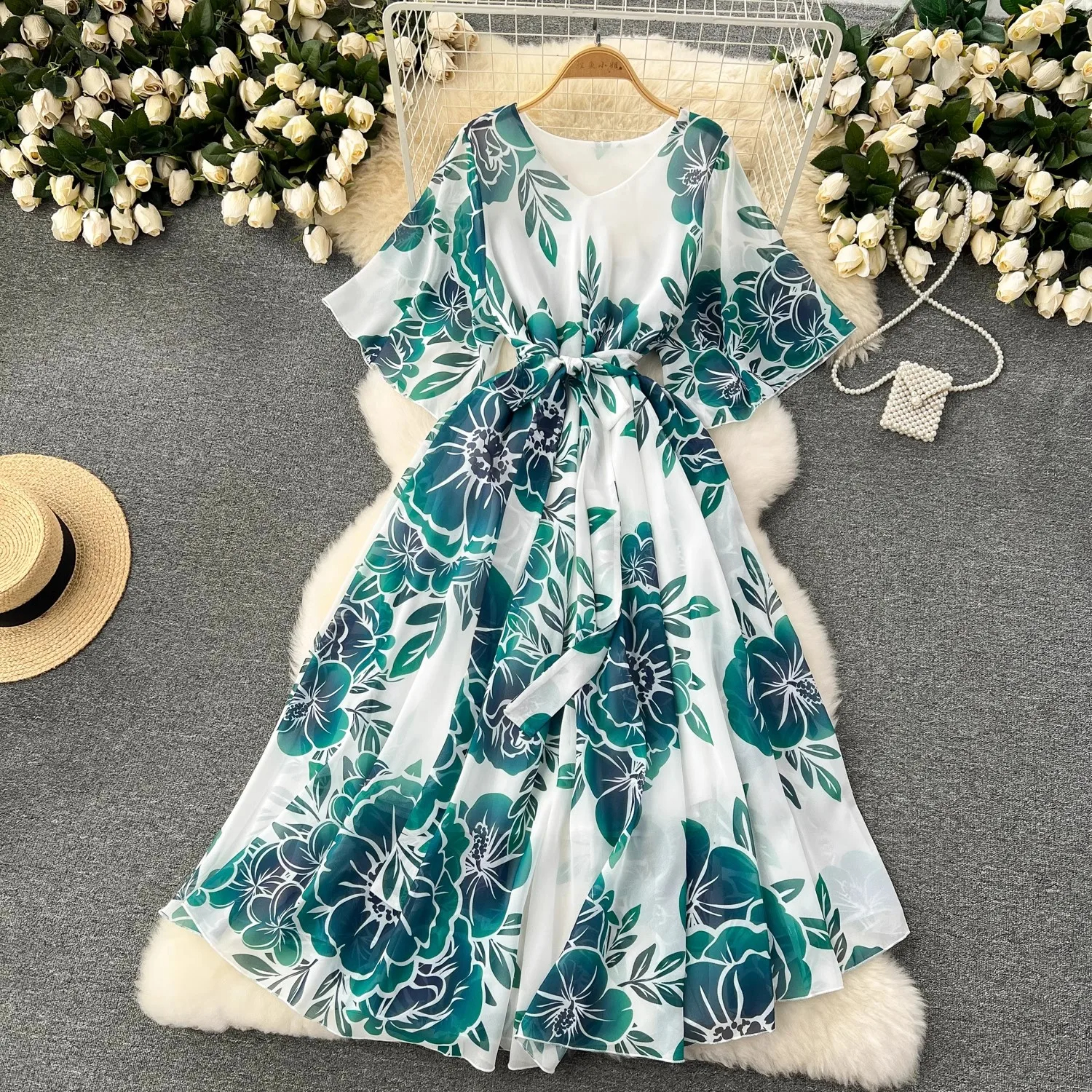 Sıradan Elbiseler Yaz Plaj Tatil Seyahat Maksi Elbise Kadınlar İçin Bohem Alabiya Moda Müslüman Gevşek Sashes Chiffon Uzun Vestidos Seaside 2024