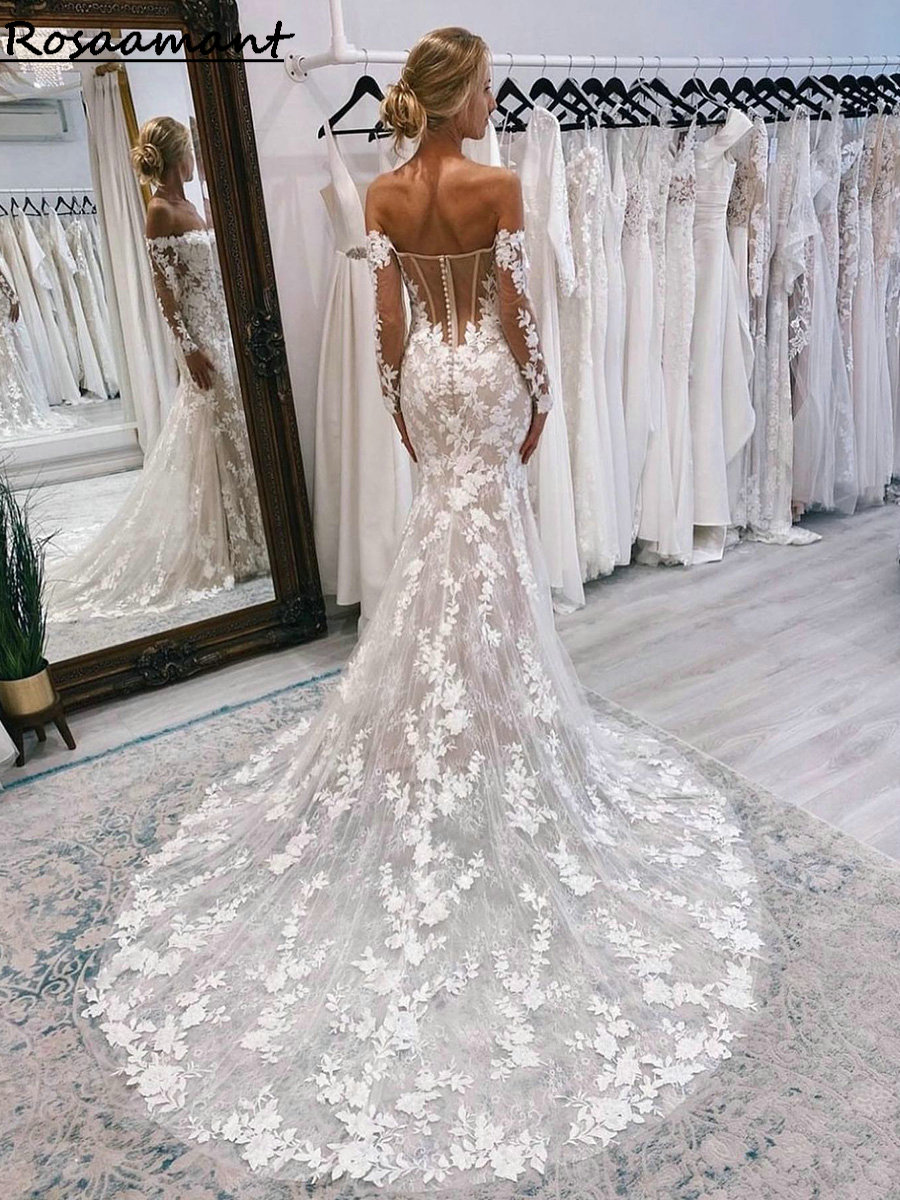 Romantic Long Sleeve Floral Appliques Lace Mermaid Wedding Dresses Off The Shoulder Illusion Back Bridal Gowns Robe De Mariee