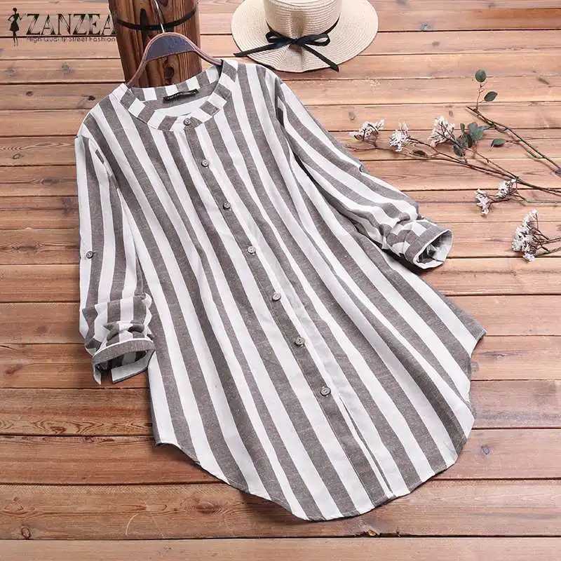 Frauen Polos Übergroße Frauenstreifenbluse 2023 Zanzea Spring Kausalhemden Button Down Blusas Elegante weibliche lange Slve Asymmetrische Tops T240505