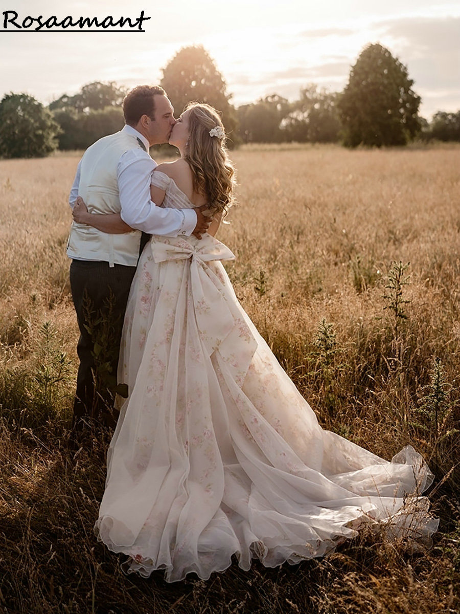 Abiti da sposa a tracolla vintage fuori dalla spalla Abiti da sposa Stampa floreale abiti da sposa Vestidos de nolia