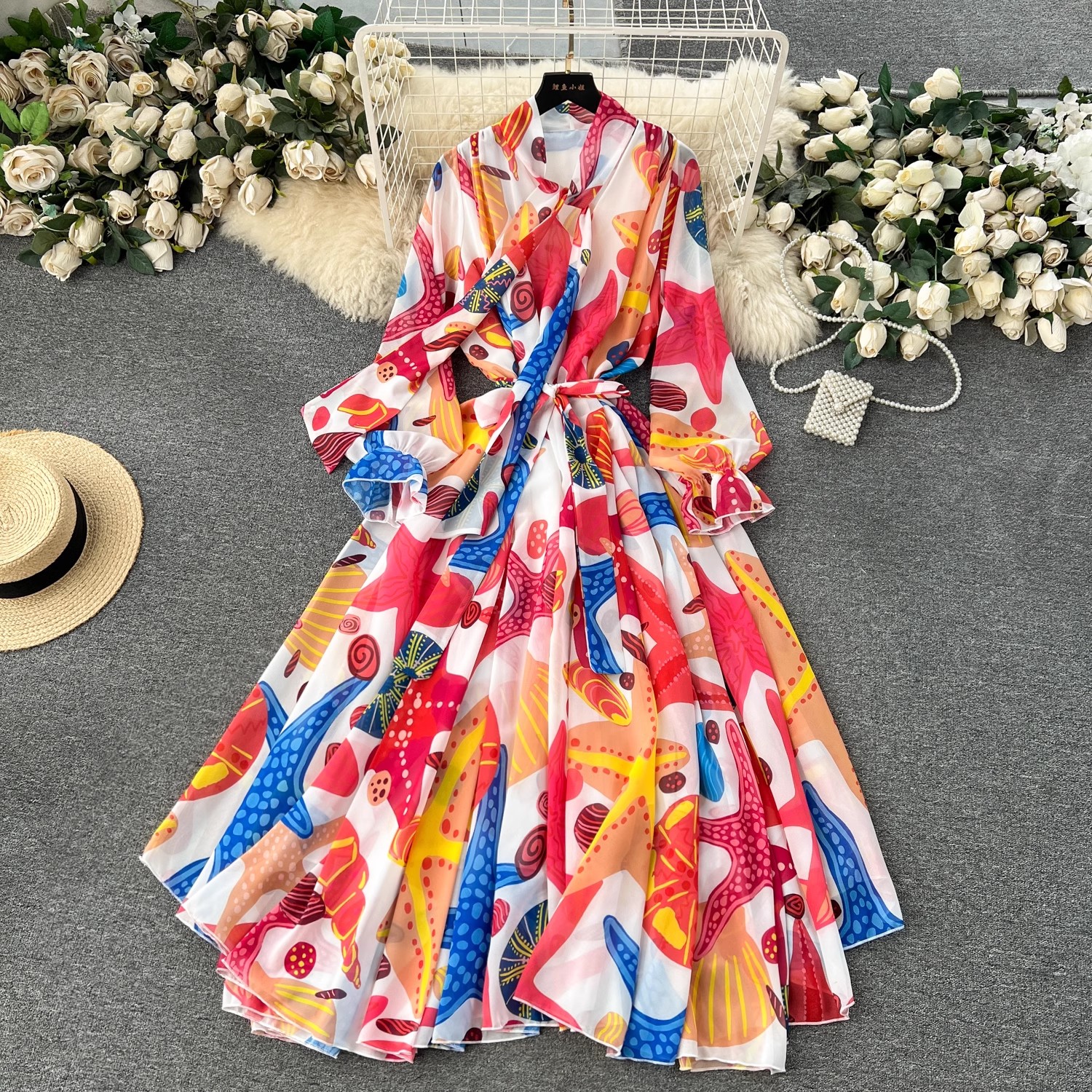 Sıradan elbiseler yaz bohem çiçek şifon sundress tatil plajı seyahat kadın giyim maxi elbise gevşek parti uzun vestidos boho robe 2024