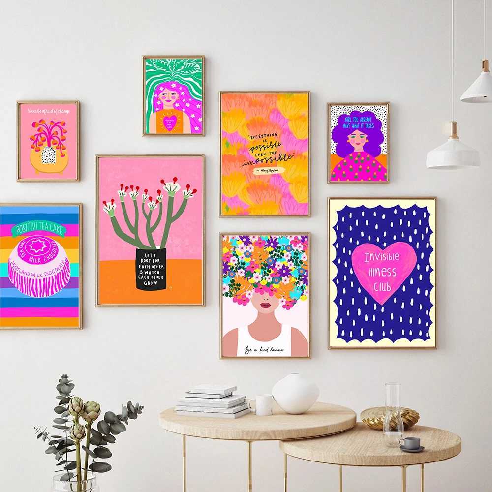 E Kind Girl Quote Poster Wall Art Print Abstract Pink Flower Tela Painting Colorful Boemian Soggiorno Decorazione la casa J240505
