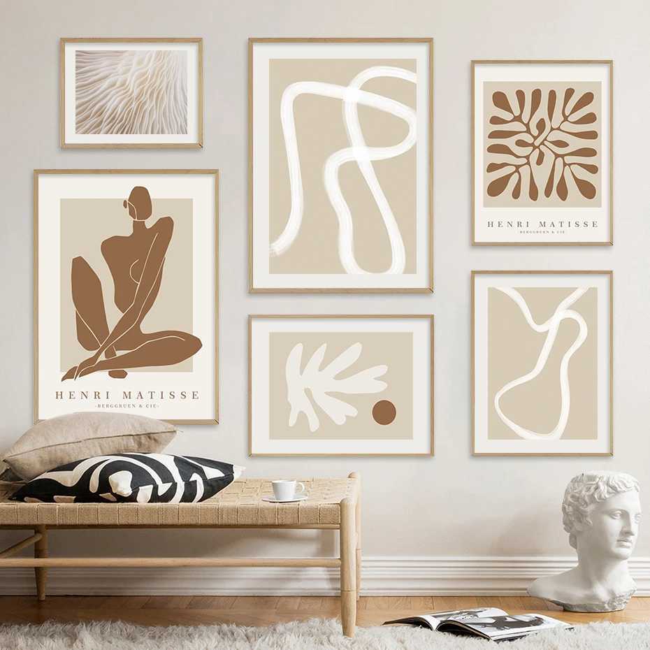 배경 화면 Boho Abstract Matisse Beige White Line Wall Art Poster 미니멀리스트 캔버스 그림 거실 실내 가정 장식 J240505