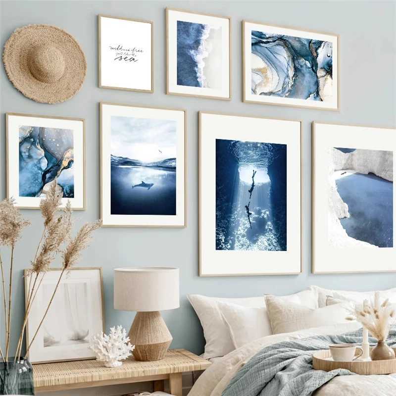 RK Blue Langdscape Wall Art Canvas Painting Ocean Beach View Sea View e stampa Nordic Picture DECERAZIONE POSTRAZIONE POSTERIORE J240505