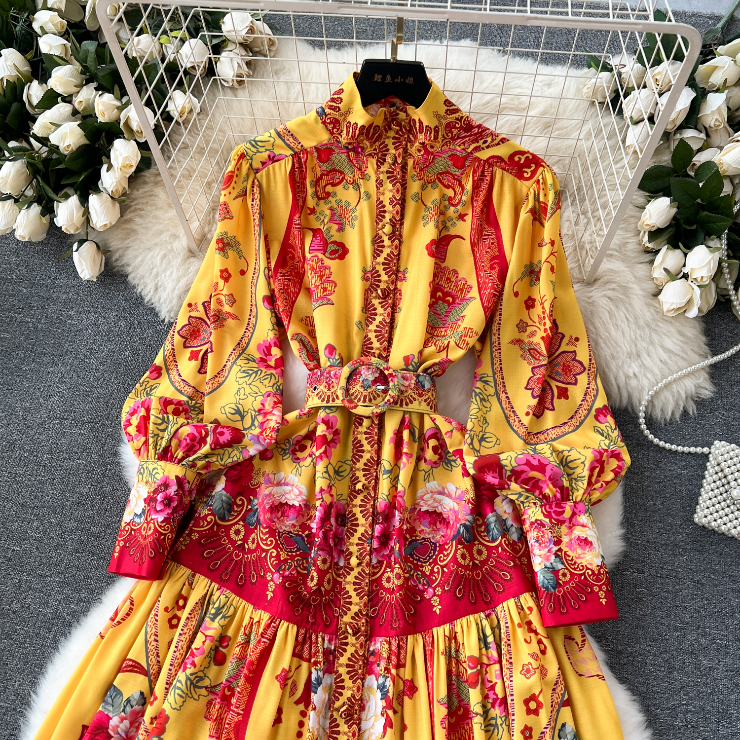 Sukienki swobodne sukienki vintage wakacyjna wakacyjna kwiatowy nadruk lniany szlafrok stojak z długim rękawem A-line plażowy sukienka na plażę samotne kobiety maxi ubrania 2024