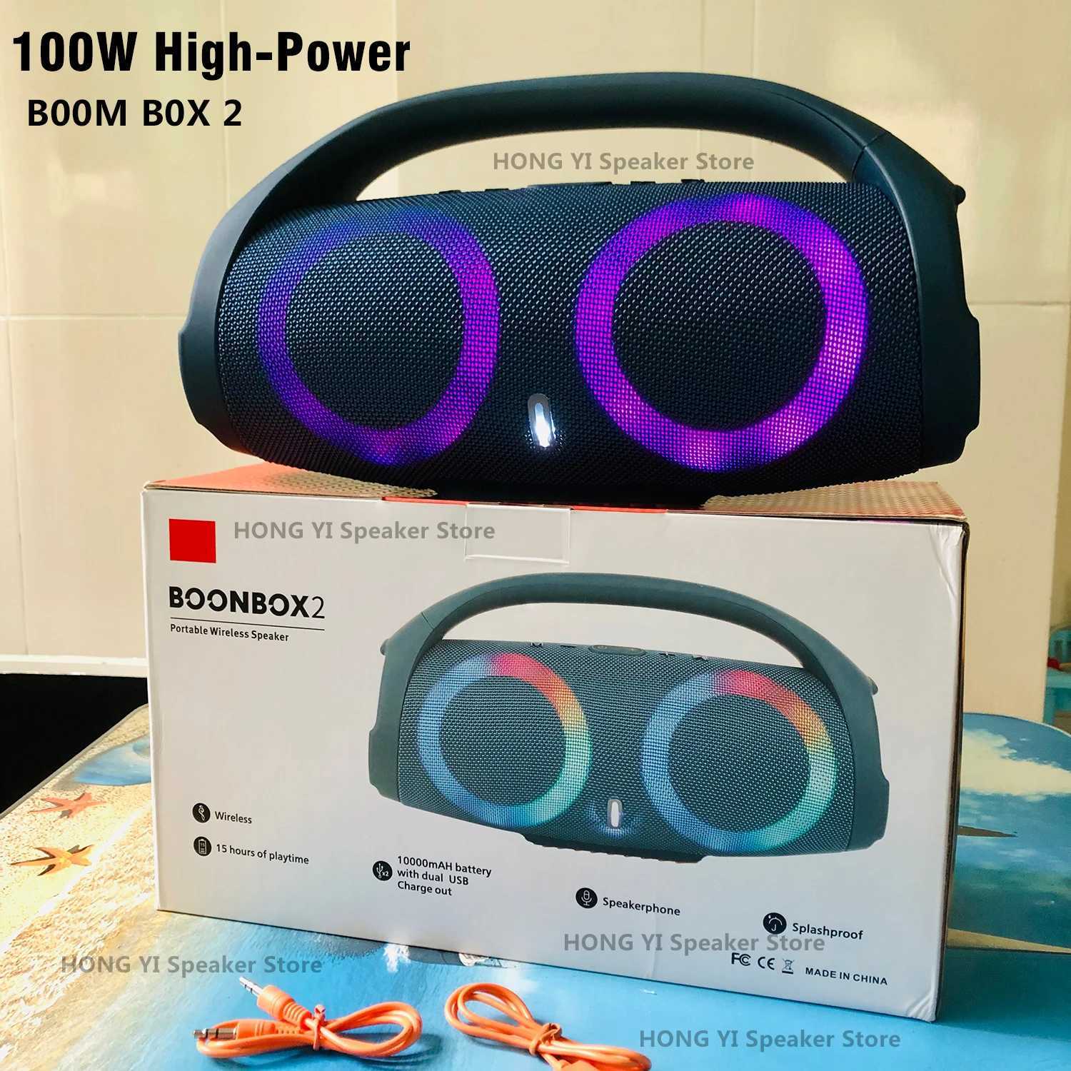 Портативные динамики Портативный водонепроницаемый динамик Bluetooth High Power 100 Вт RGB красочный легкий беспроводной сабвуфер 360 Stereo Surround TWS FM Boombox2 J240505