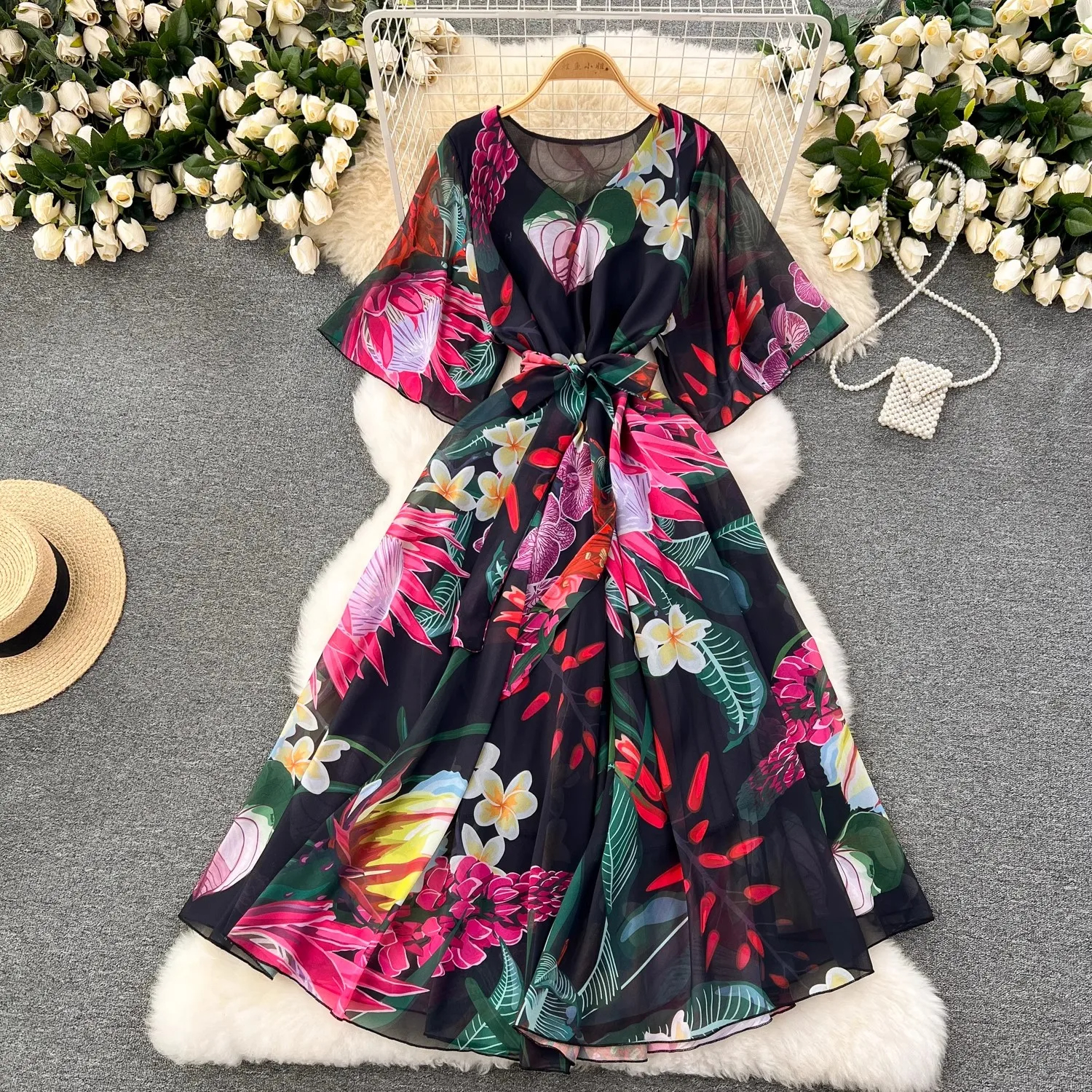 Sıradan Elbiseler Yaz Plaj Tatil Seyahat Maksi Elbise Kadınlar İçin Bohem Alabiya Moda Müslüman Gevşek Sashes Chiffon Uzun Vestidos Seaside 2024