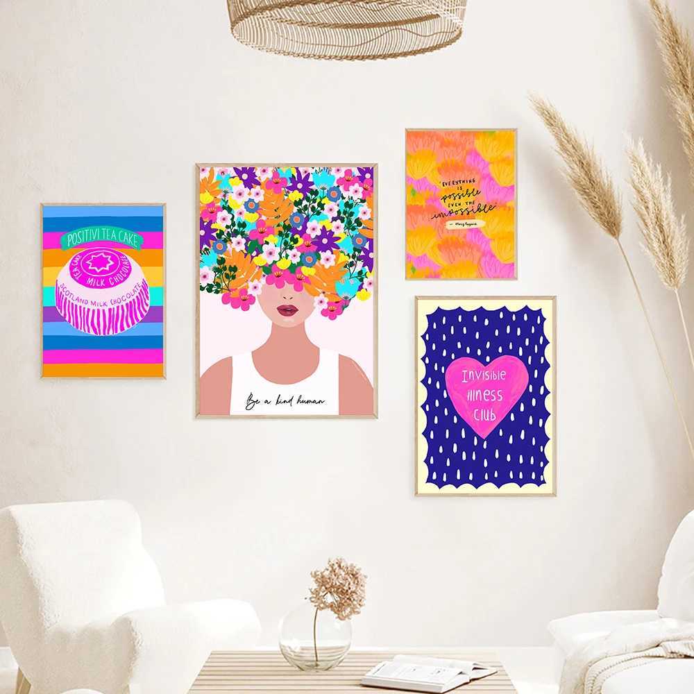 E Kind Girl Quote Poster Wall Art Print Abstract Pink Flower Tela Painting Colorful Boemian Soggiorno Decorazione la casa J240505