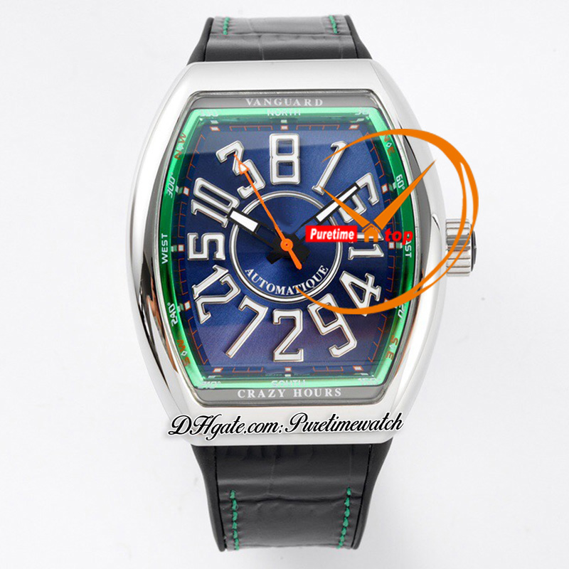 Vanguard gekke uren CZ02 Automatische heren Watch Steel Case Green Blue Dial 3D White Number Markers Gummy Strap Super Ediiton Puretime Reloj Hombre Montre Hommes Ptfm