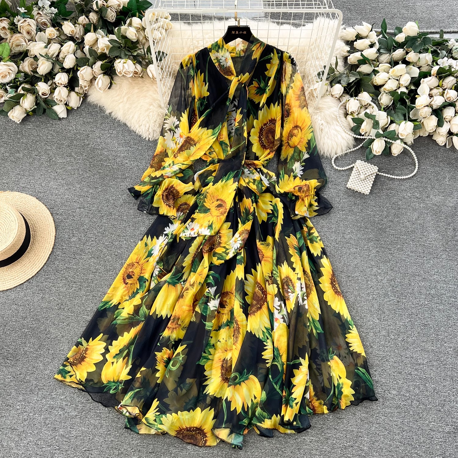 Sıradan elbiseler yaz bohem çiçek şifon sundress tatil plajı seyahat kadın giyim maxi elbise gevşek parti uzun vestidos boho robe 2024