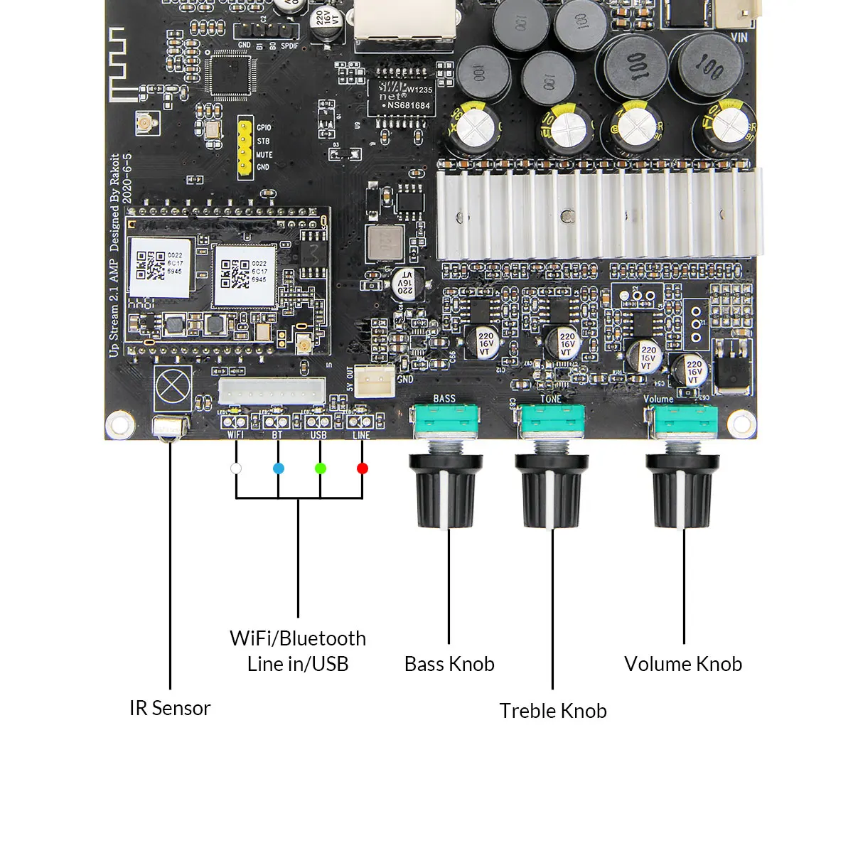 Усилитель UP2Stream AMP 2.1 Bluetooth 5.0 2.1 Канал Power Audio Audio Streo Subwooper Плата усилителя усилителя 50WX2+100 Вт Требные басы настройка ноты усилитель