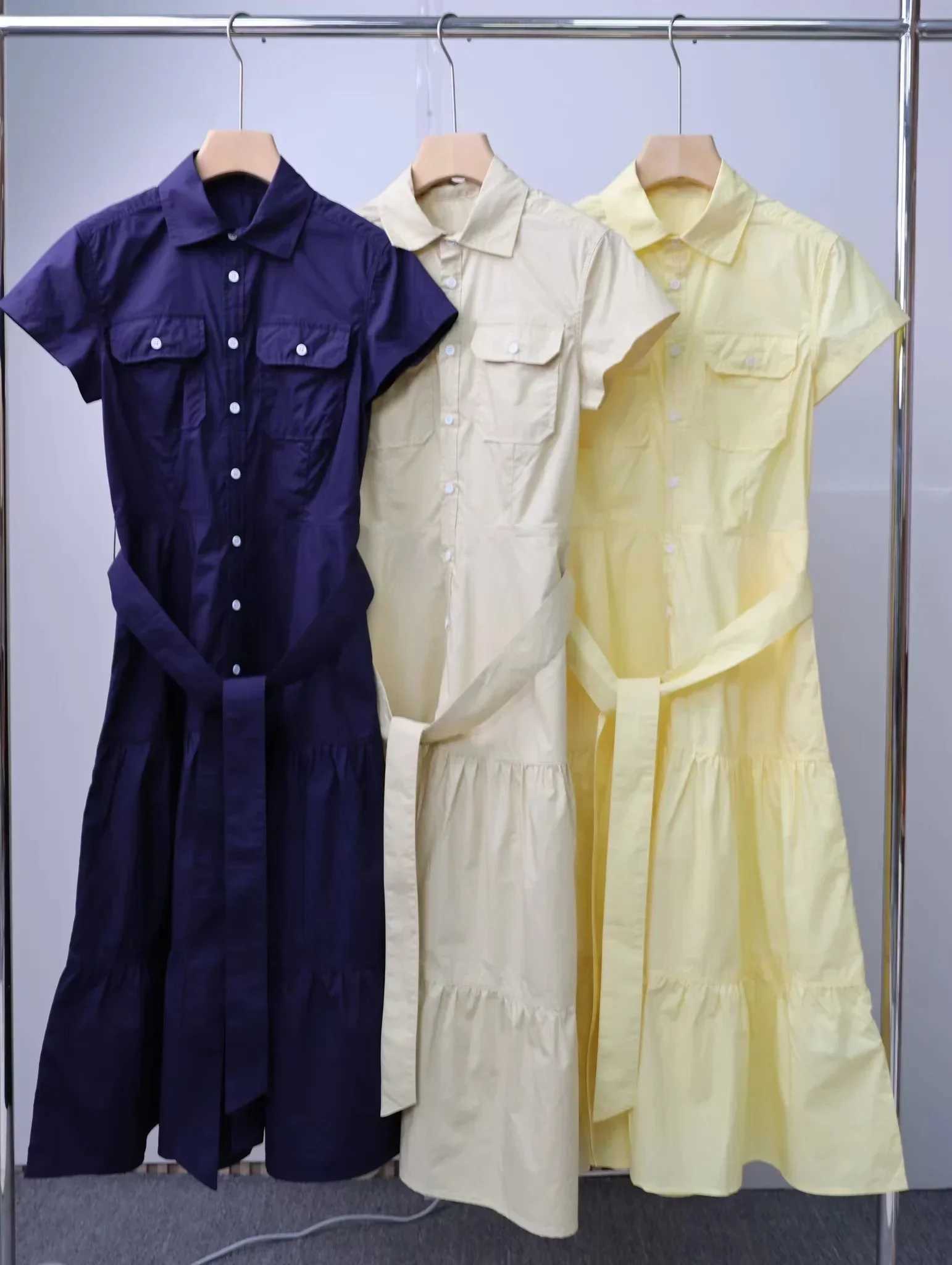 Grundläggande casual klänningar 2017 sommar ny 100% ren bomullsfast färgficka design klänning kvinnors avslappnad klänning kort ärm kvinnor lång klänning q240430