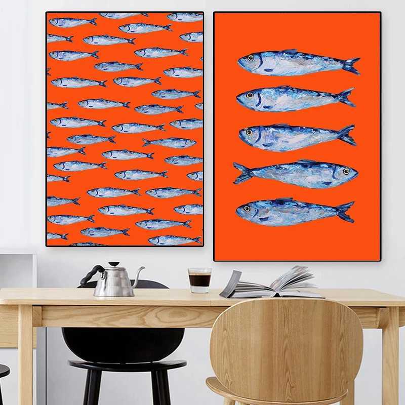 Hintergrundbilder farbenfrohe Sardine Hummerstiere Marine Tiere Plakate Leinwand Ölgemälde Retro Murals Küche Wohnzimmer Home Dekoration J240510