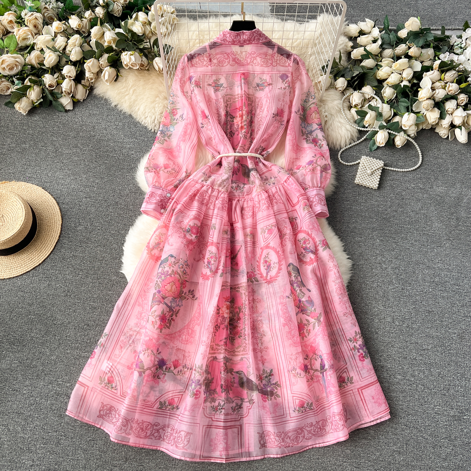 Basic Casual Women Kleider Landebahn Neue Sommer Holiday Beach Langes Kleid Frauen Lupe Long Lantern Sleeve Blumendruck Flüse Schnürung Chiffon Lose Vestidos 2024