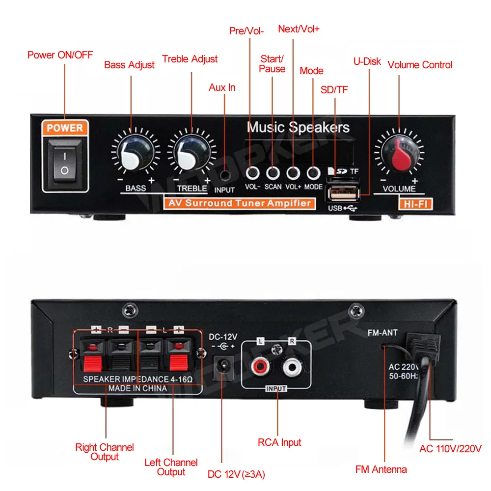 Amplificador Woopker 800W Amplificador de áudio G30 Digital Home poderoso poderoso Bluetooth HiFi Subwoof Subwoof Amplificador Player Support TF FM AUX