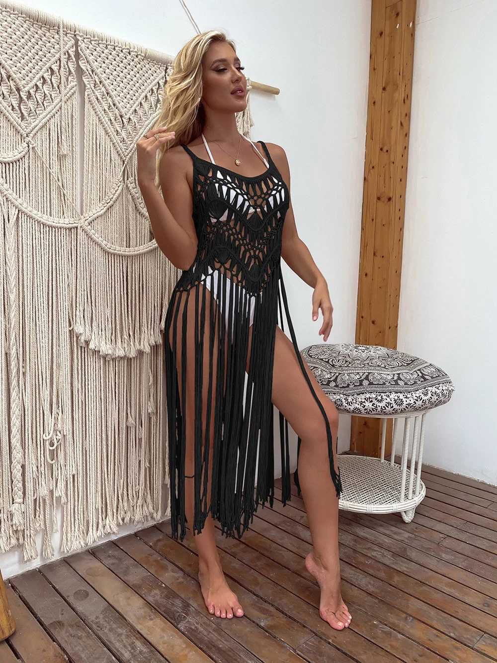 Basic Casual Kleider Häkeln Bikini-Boho Womens Beachkleid mit einer sexy hohlen Kante Saum Summer Badeanzug Strandkleid mit einem gemischten Rock Q240430